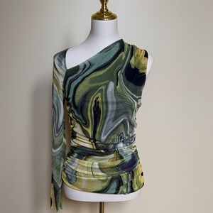 ZARA One Shoulder Mesh Top Ruched Abstract Swirl Print NWT Size